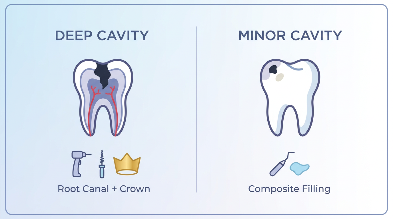 Comparison table showing deep cavity treatment as root canal and crown, and minor cavity treatment as composite filling.