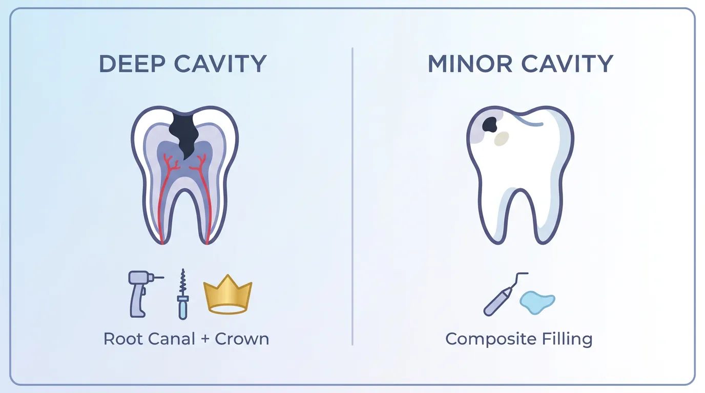 Comparison table showing deep cavity treatment as root canal and crown, and minor cavity treatment as composite filling.