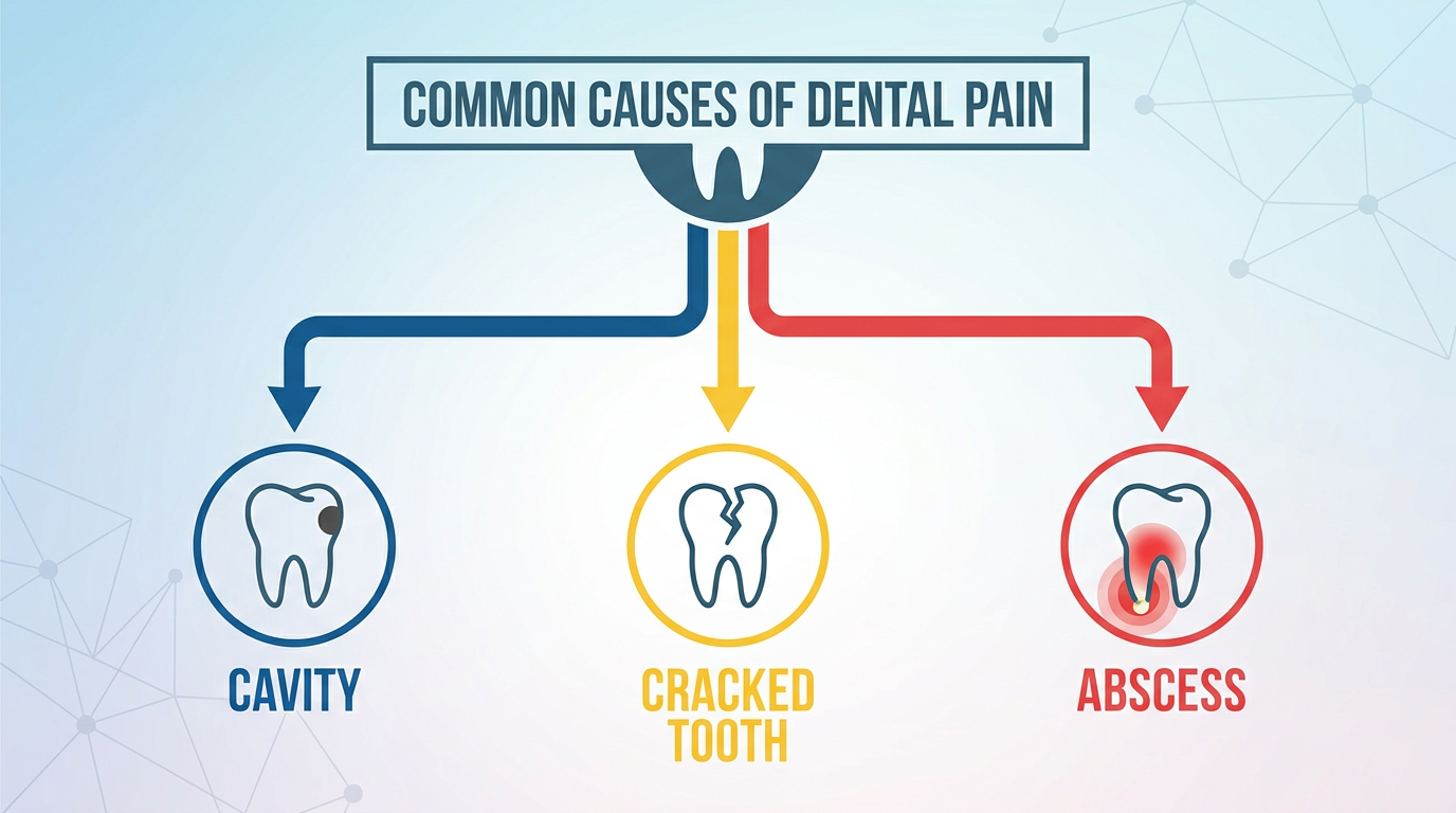 Infographic showing common causes of dental pain including cavity, cracked tooth, and abscess.