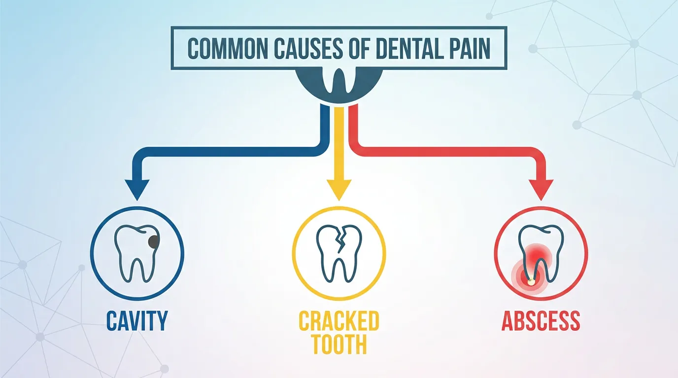 Infographic showing common causes of dental pain including cavity, cracked tooth, and abscess.