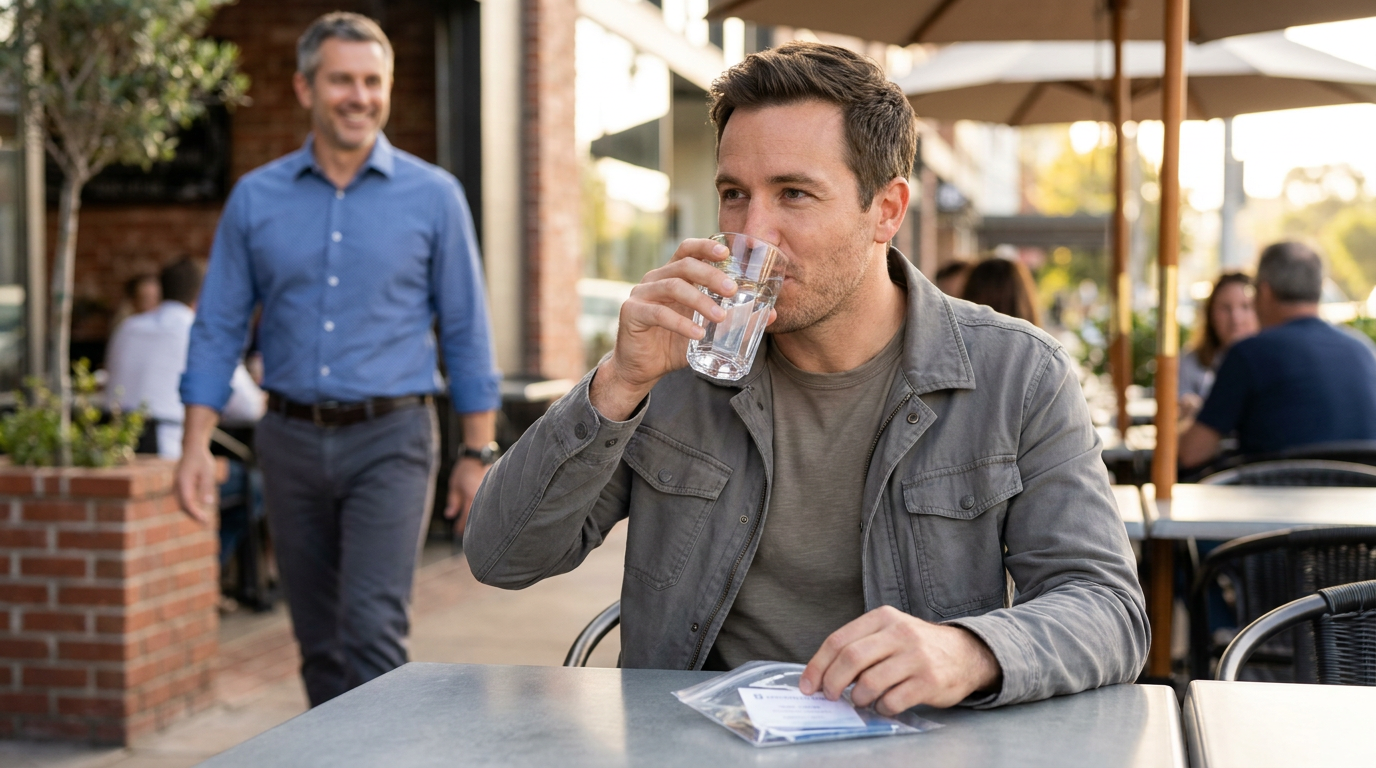Nathan looking relieved and relaxed, sipping water at a cafe.