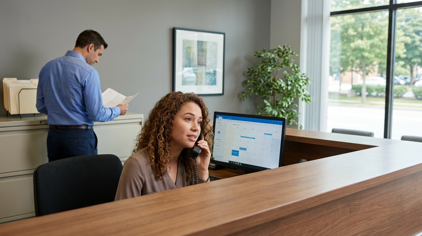 Catherine, a receptionist, speaks empathetically on the phone in a modern dental office.