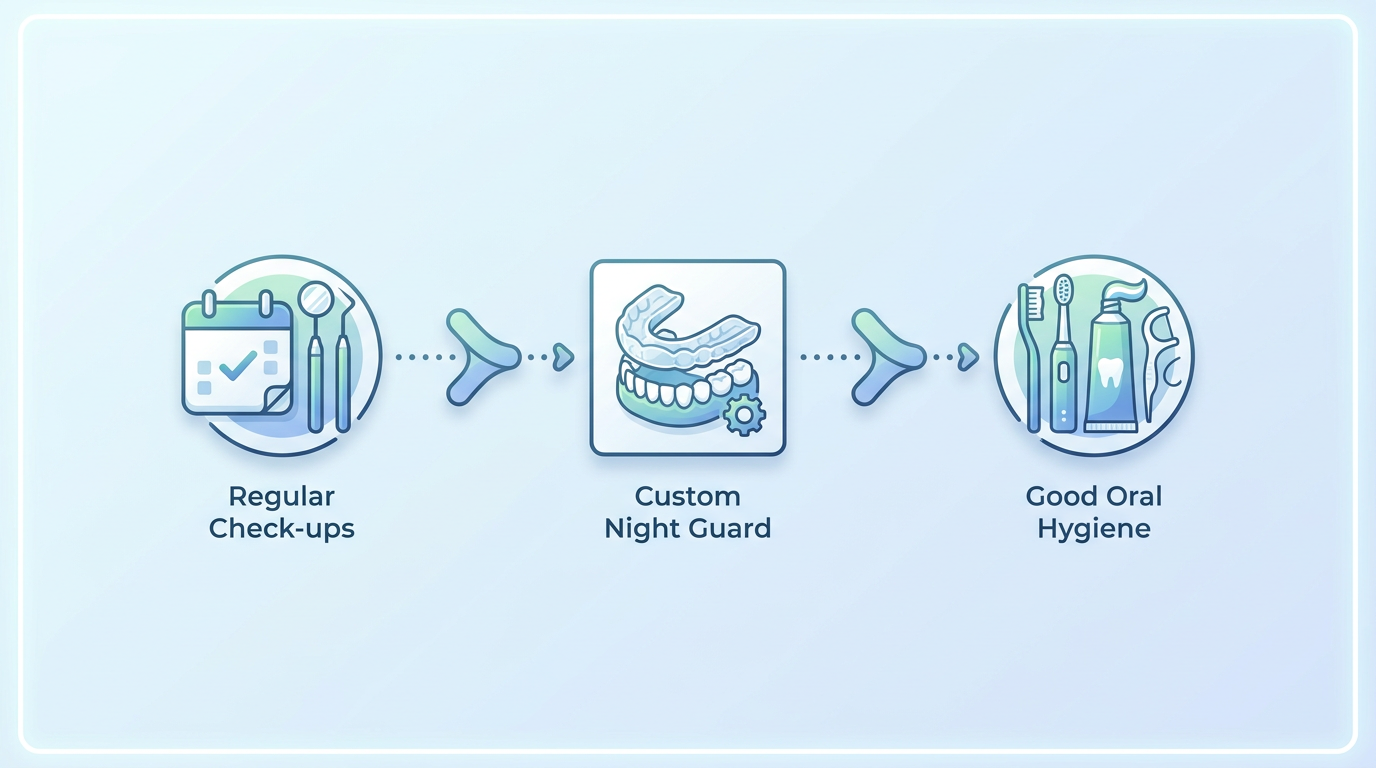 Infographic timeline showing regular check-ups, custom night guard, and good oral hygiene.