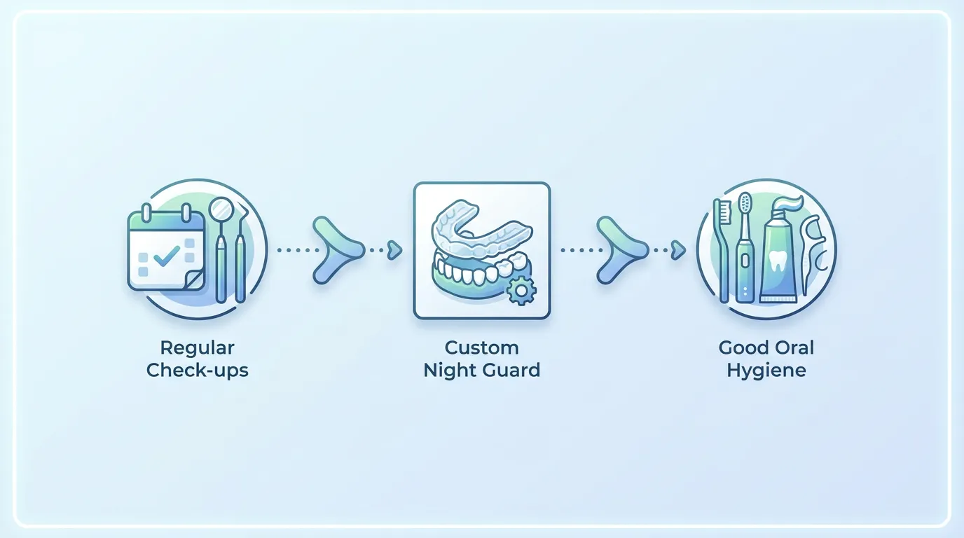 Infographic timeline showing regular check-ups, custom night guard, and good oral hygiene.