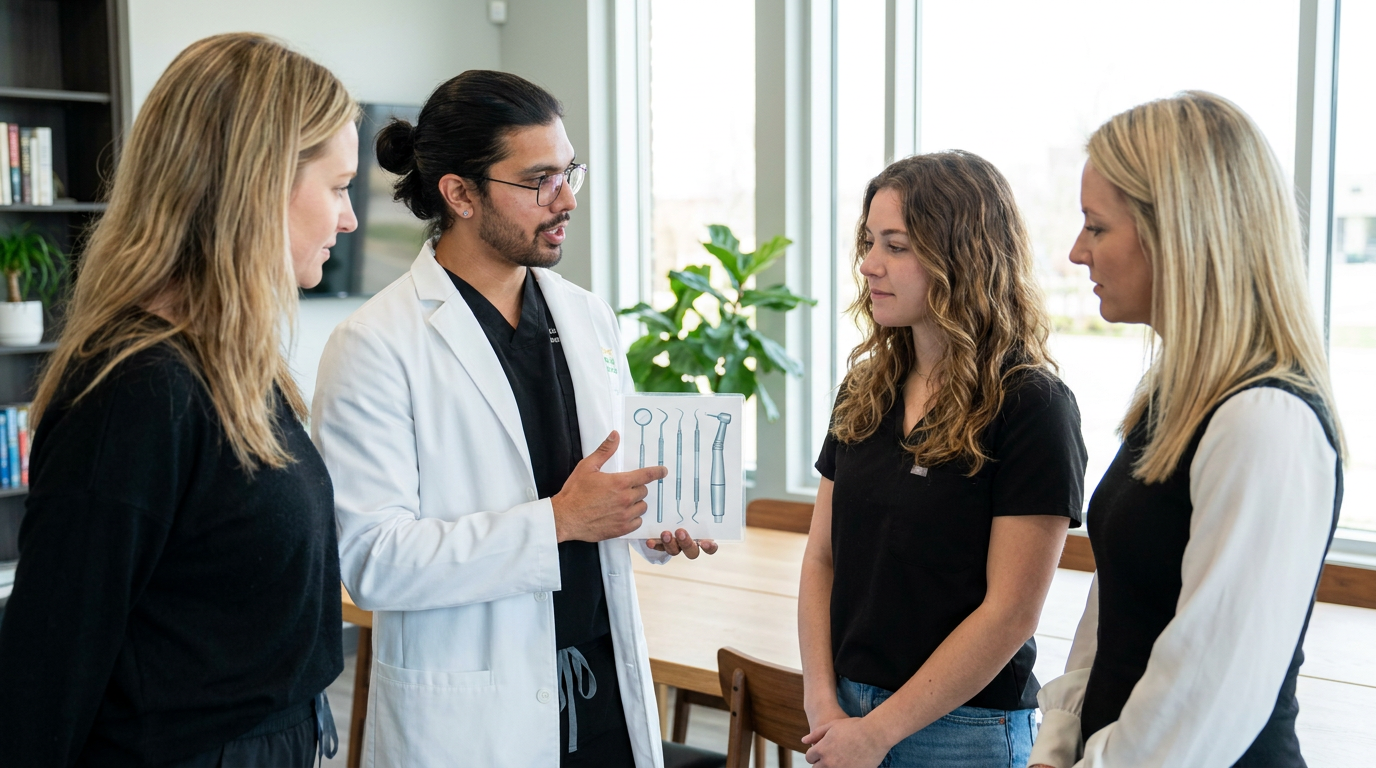 Dr. Karnik Shah explains a dental procedure using a visual aid to Morgan and Chloe in a consultation room.