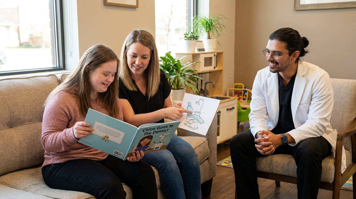 Chloe reads a social storybook about the dentist, with Morgan pointing to illustrations, in a waiting room.