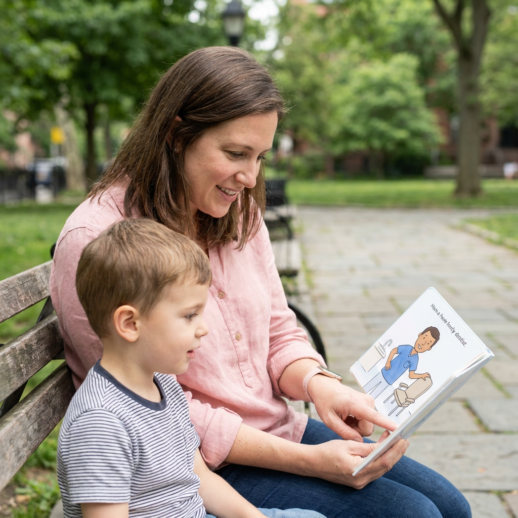 A woman reads a children's book about a dental visit to a child on a park bench.