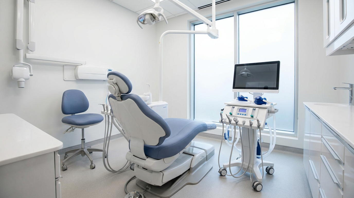 Nitrous oxide equipment next to a modern dental chair, indicating sedation options.