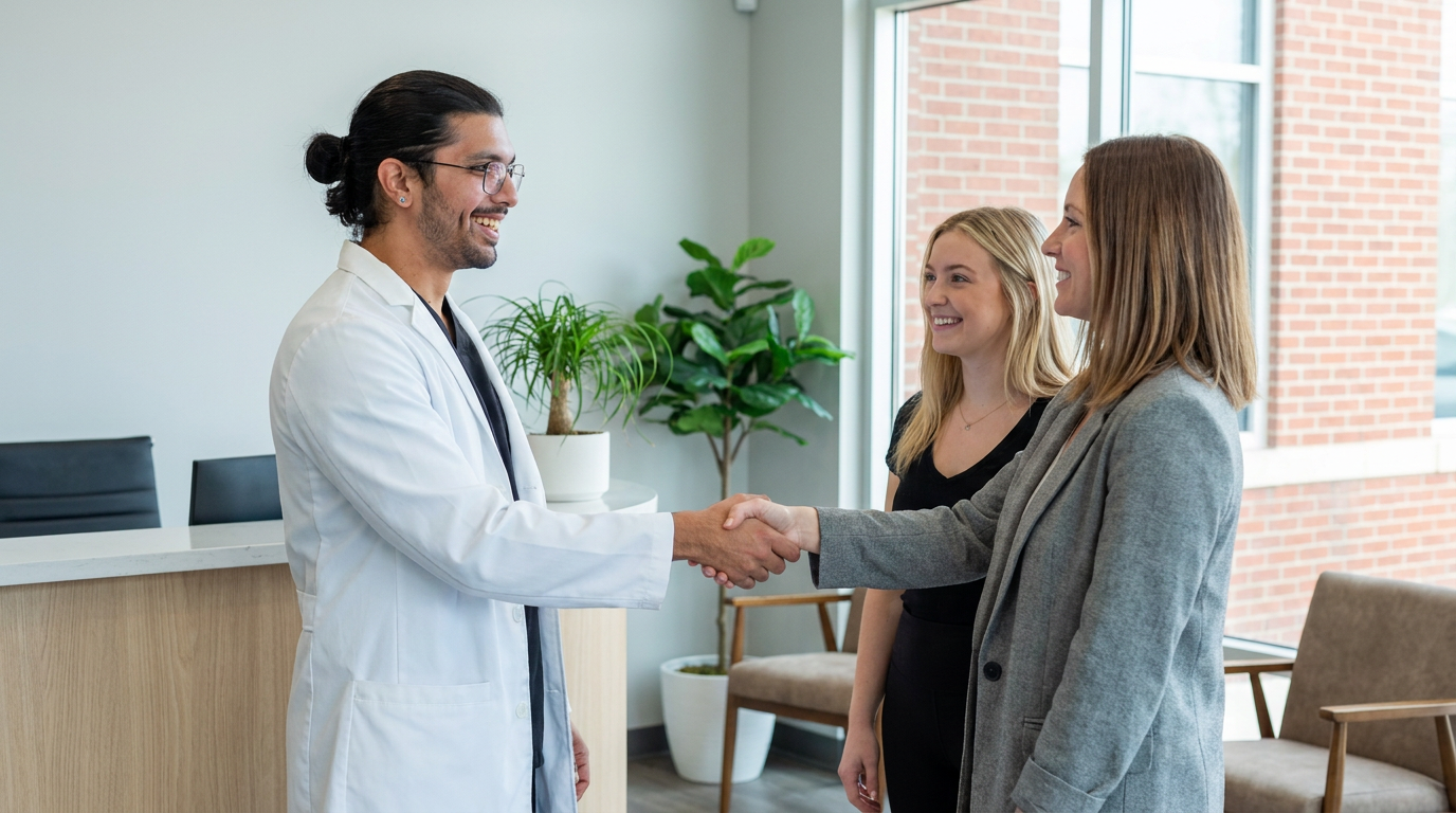 Dr. Karnik Shah shakes hands with Morgan in a modern dental office reception, with Chloe standing nearby.