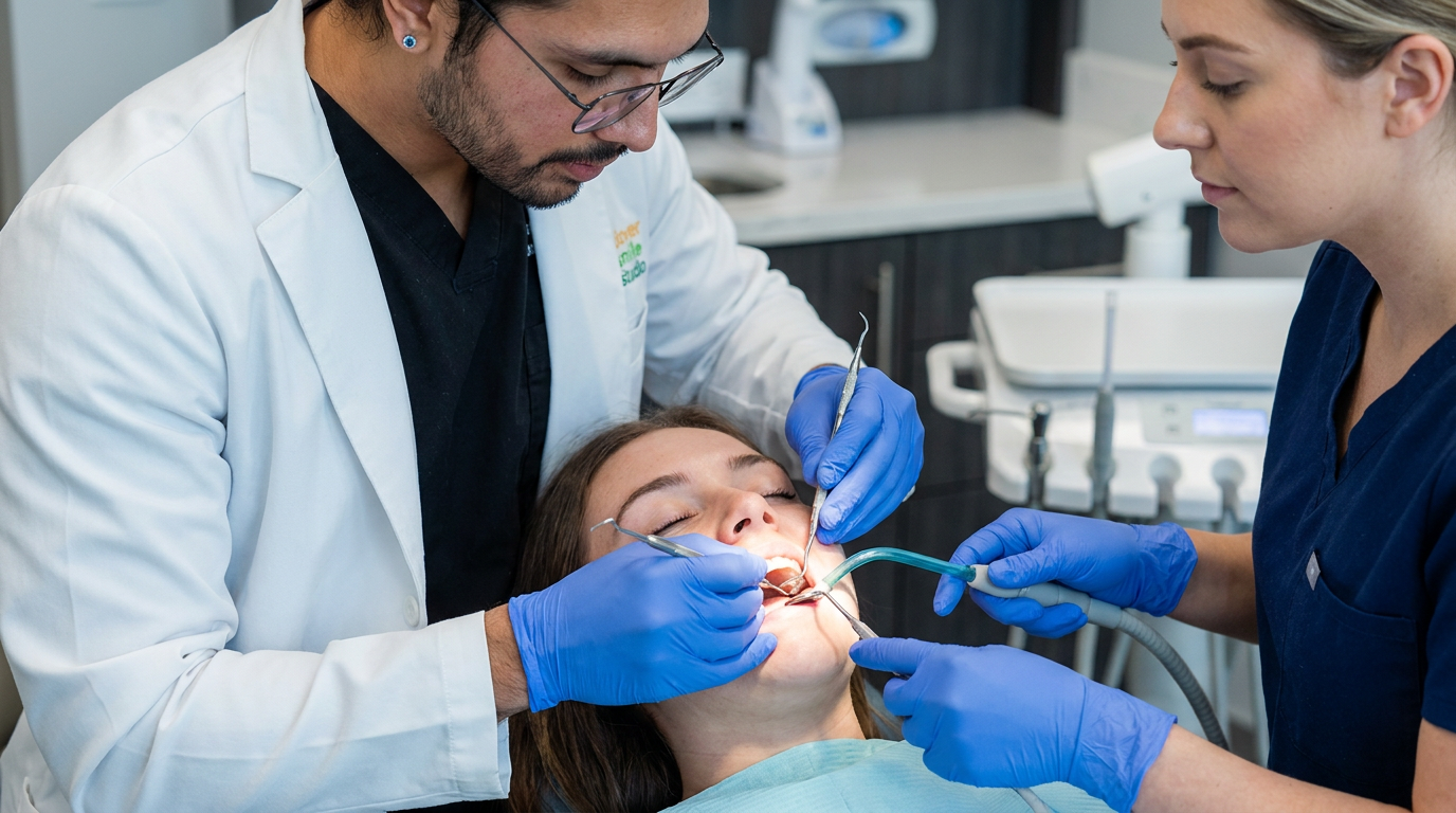 Dentist's gloved hands perform a gentle routine cleaning on a patient, with a hygienist assisting.