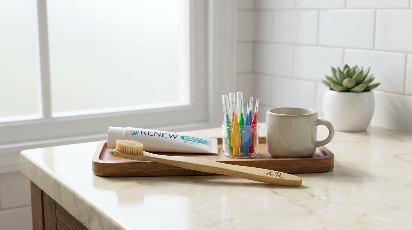 A neatly arranged set of soft-bristled toothbrush, specialized toothpaste, and interdental brushes.