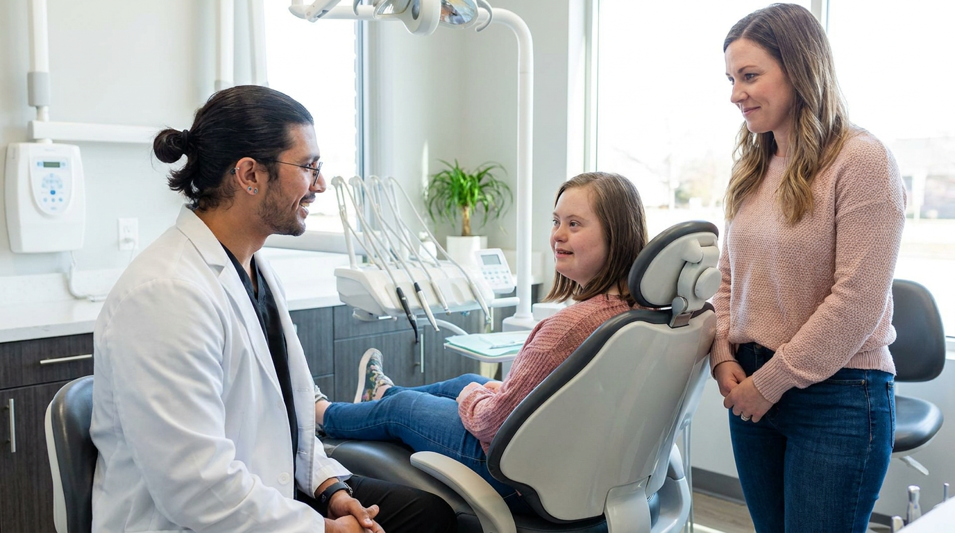 Dr. Karnik Shah engages with Chloe in a dental operatory while Morgan watches comfortingly.