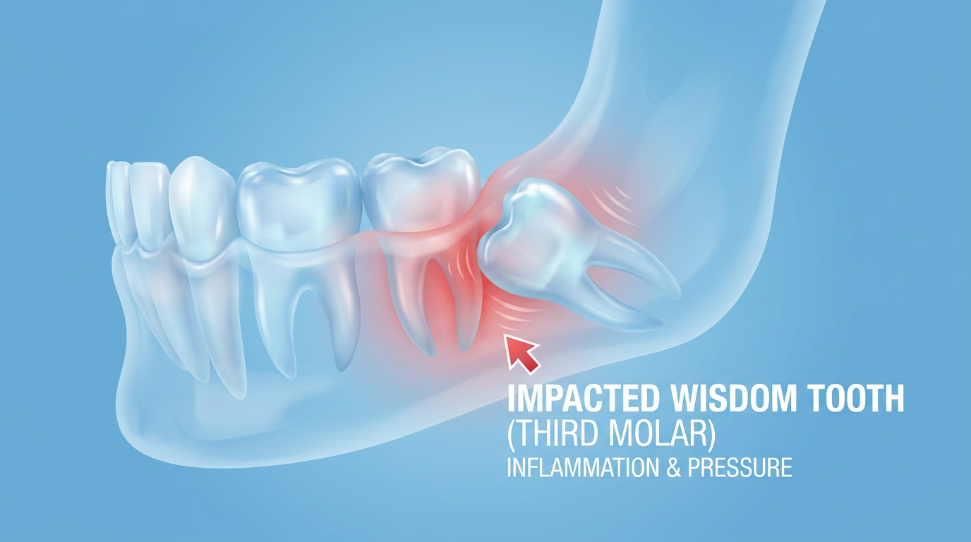 Illustration shows an impacted wisdom tooth pushing against a second molar with translucent anatomy.