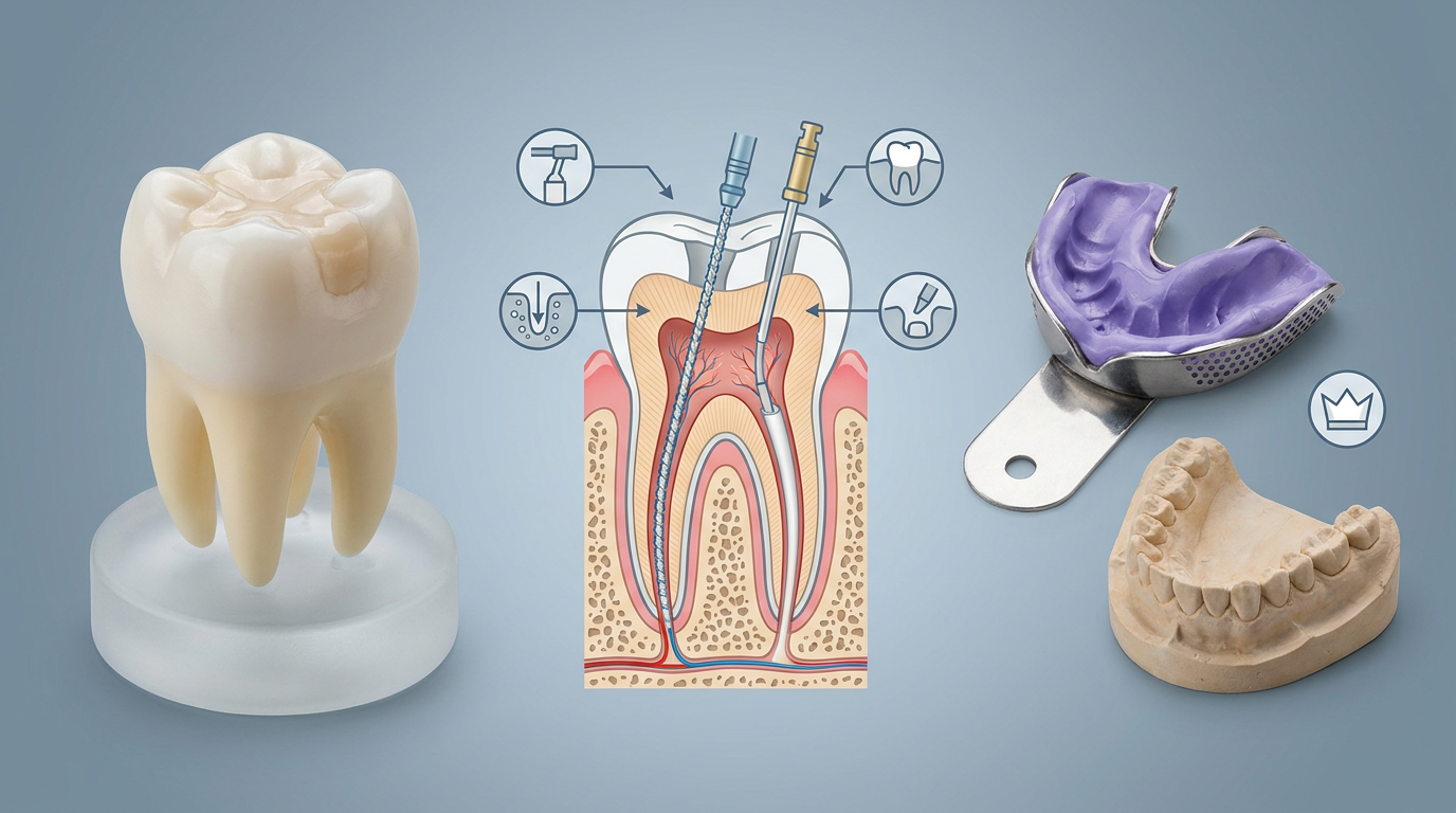 Composite image of a tooth model with a filling, a root canal diagram, and a dental impression tray.