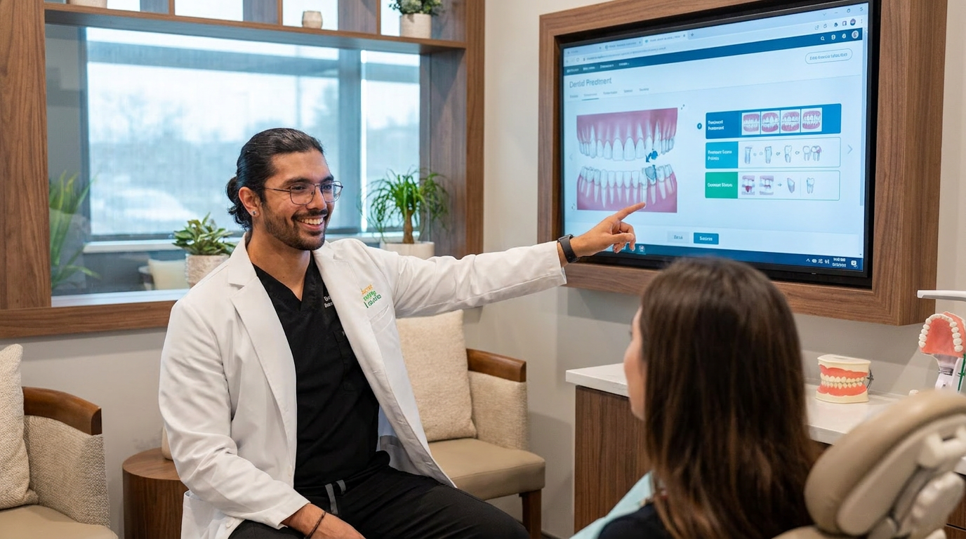 Dr. Karnik Shah discusses treatment options with a patient in a consultation room.