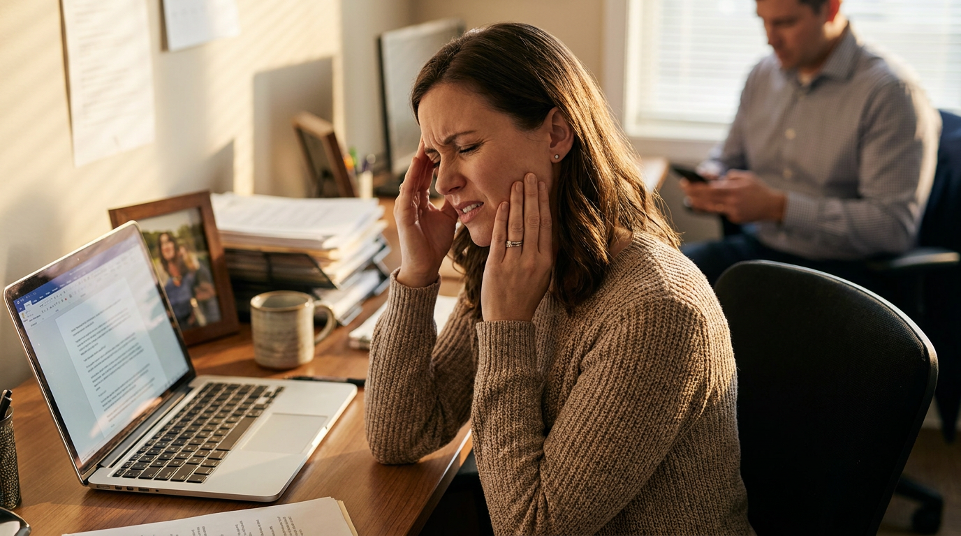 Kayla, at her office desk, rubs her temple and jawline with a pained expression.