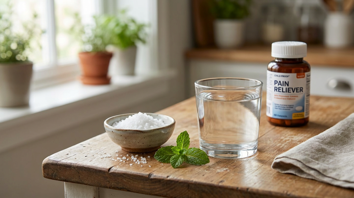 Warm water and sea salt in a bowl on a wooden kitchen counter, with pain relievers in background.