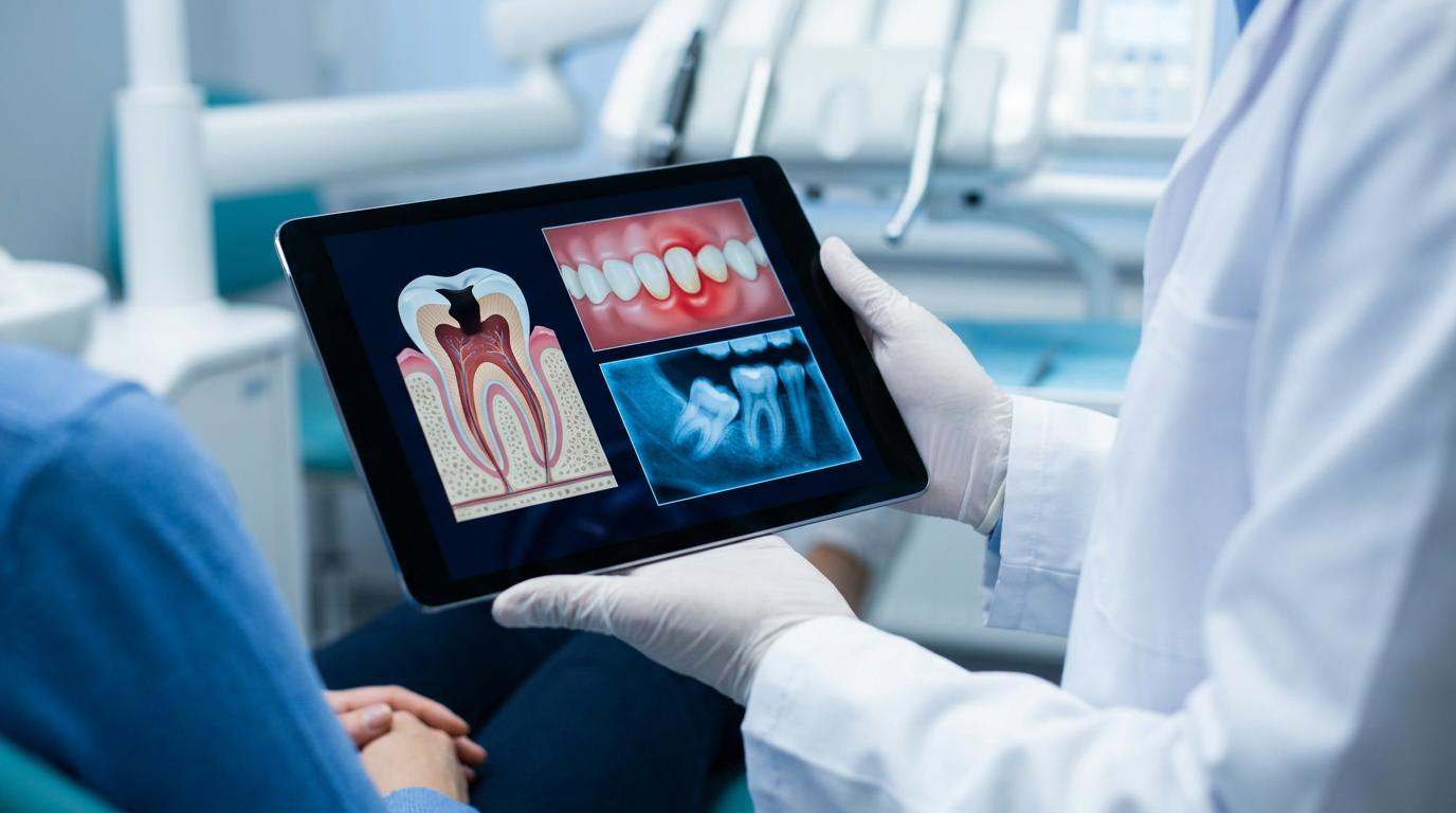 Tablet screen shows graphics of deep cavity, gum inflammation, and an X-ray of an impacted wisdom tooth.