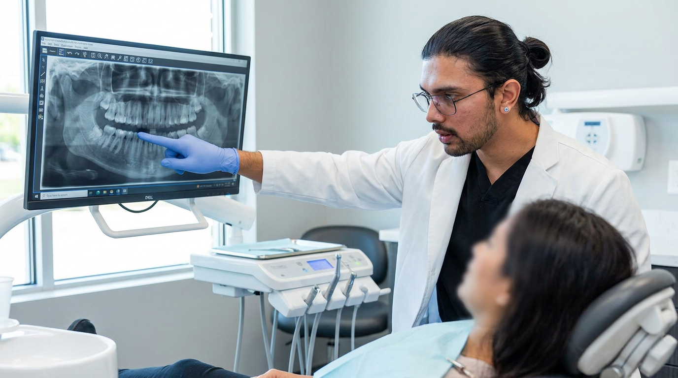 Dr. Karnik Shah, a male dentist, points to a dental X-ray on a monitor in a modern dental operatory.
