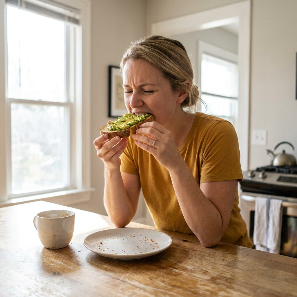 Kayla winces while cautiously biting a slice of toast at a kitchen island.