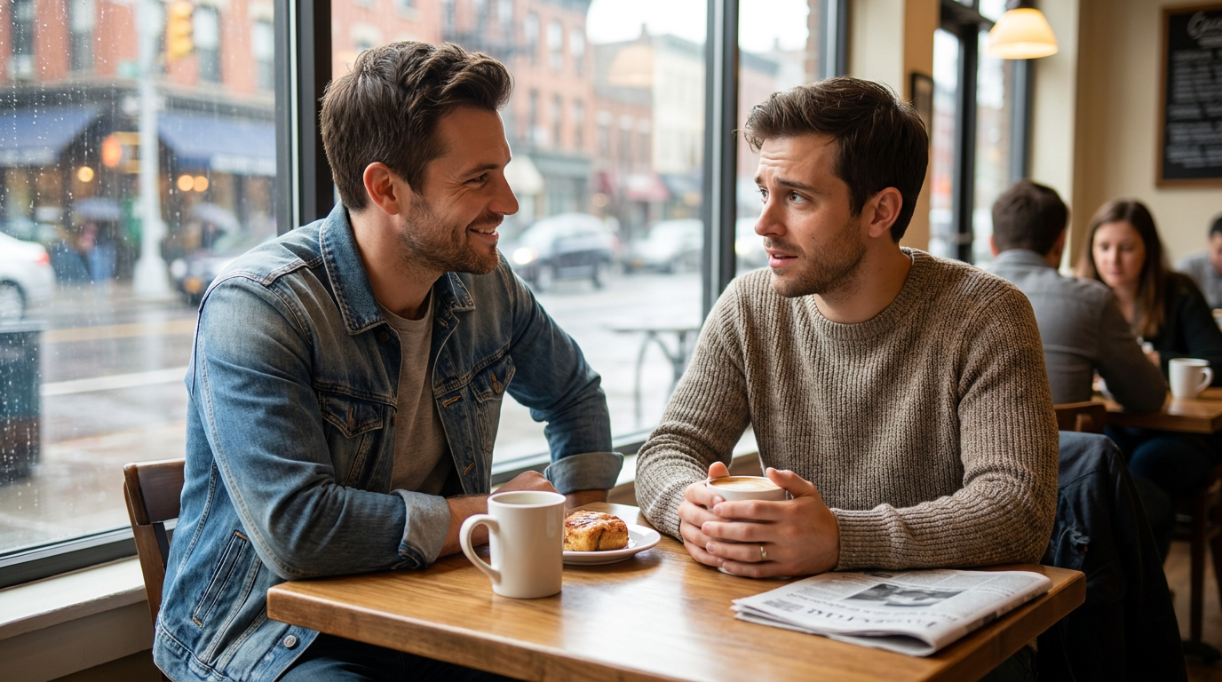 Jason, smiles reassuringly at his friend, Andrew, both seated at a cafe window seat.