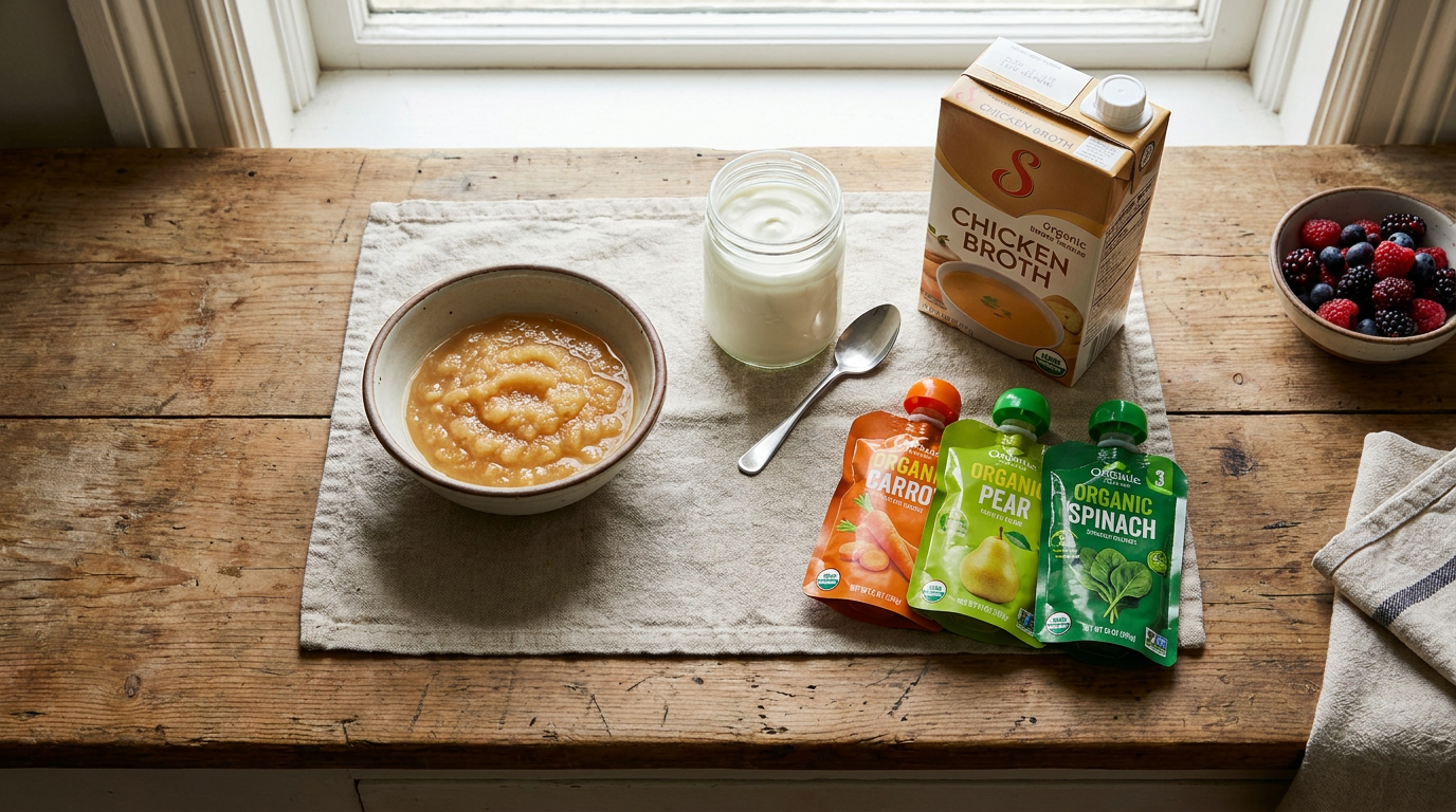 An overhead top-down still life shot of a kitchen counter with various soft foods laid out: a container of yogurt, a bowl of applesauce, a carton of chicken broth, and a few pouches of baby food.