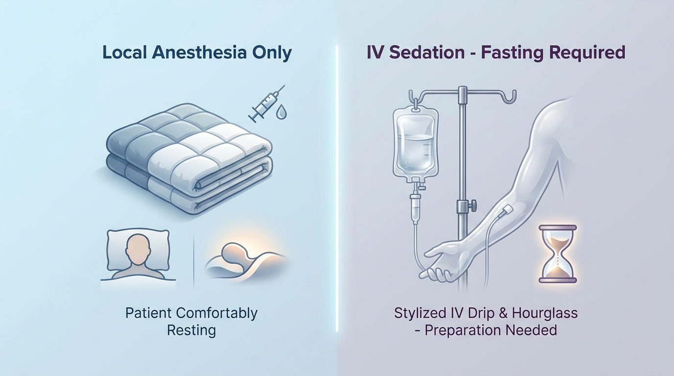 Medium shot of a comparison graphic showing two distinct scenarios side-by-side on a split screen: one side depicts a patient comfortably resting under a blanket (labeled "Local Anesthesia Only"), while the other side shows a stylized IV
