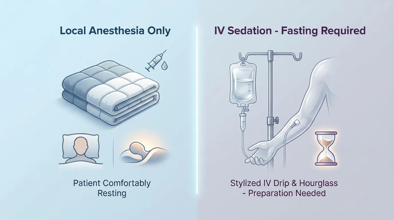Medium shot of a comparison graphic showing two distinct scenarios side-by-side on a split screen: one side depicts a patient comfortably resting under a blanket (labeled "Local Anesthesia Only"), while the other side shows a stylized IV