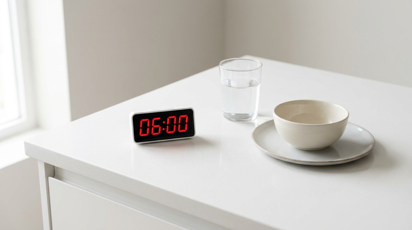 An overhead top-down still life of a small digital kitchen timer set to "06:00" on a clean white countertop, beside a glass of water and a small plate with a single, small empty bowl, signifying the start of a fasting period.