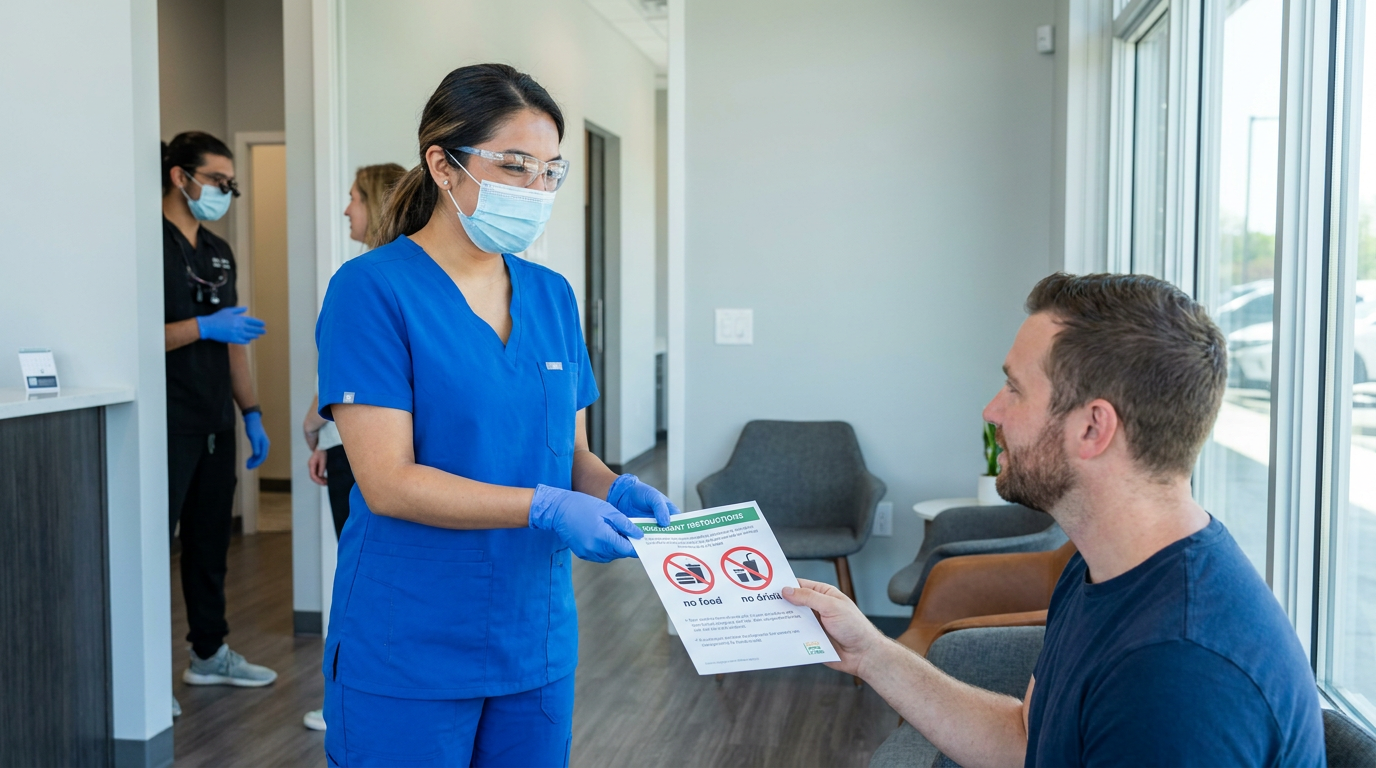 A dental assistant in blue scrubs with a friendly expression hands a printed instruction sheet to Eric, who is seated in a modern dental office waiting area.