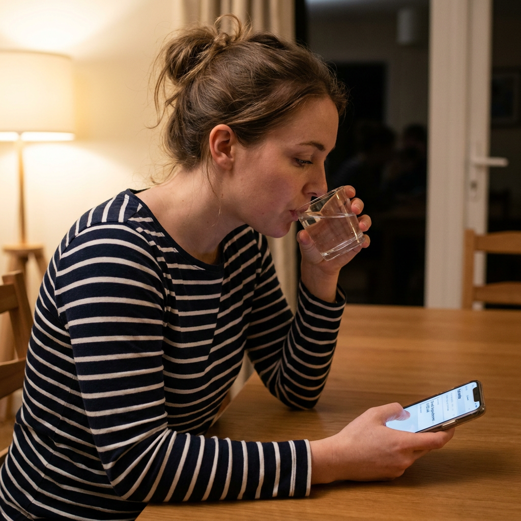 Ashley sips water from a glass, checking a dental appointment reminder on her phone at a dining table.
