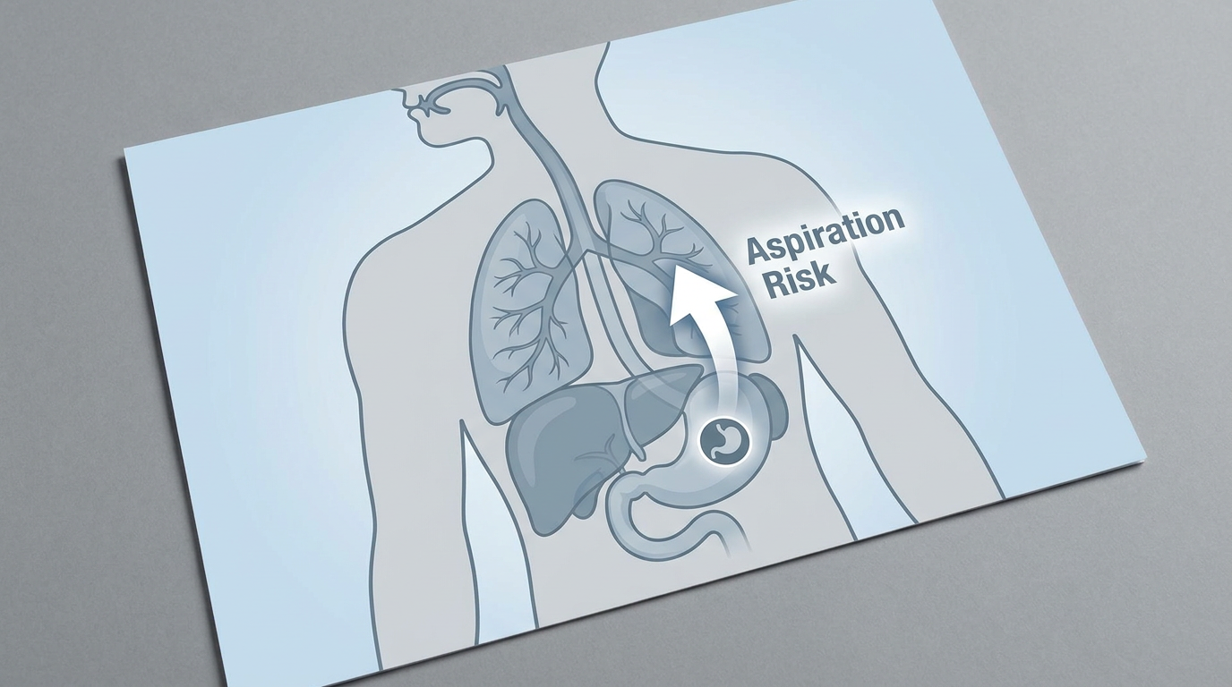 A close-up, slightly high angle shot of an infographic showing a cross-section of a human torso with an arrow illustrating stomach contents entering the lungs, labeled "Aspiration Risk." The image uses subtle, clean medical illustration