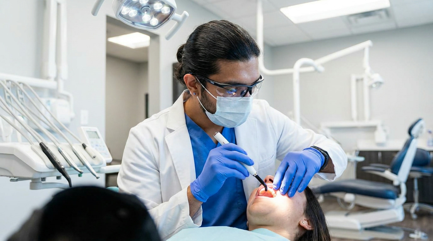 A dentist in a white lab coat, blue scrubs, mask, and safety glasses uses a pen light to examine a patient's mouth in a brightly lit dental operatory with equipment visible.