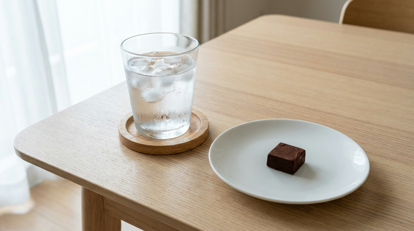 A glass of ice water with condensation sits on a wooden coaster next to a small dark chocolate square on a white plate, all arranged on a light wooden table.