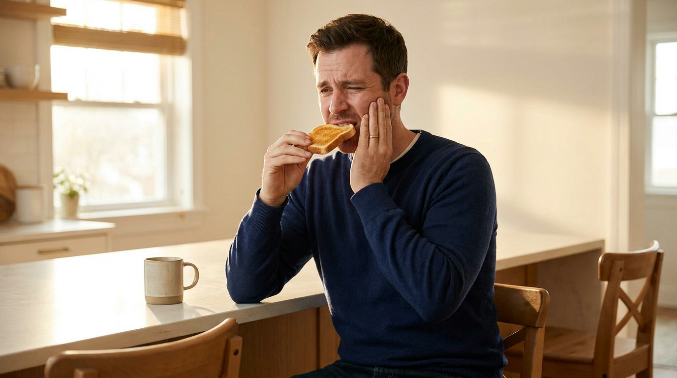Caleb, wearing a navy sweater, sits at a kitchen island in morning light, holding a piece of toast and touching his cheek with a pained expression.