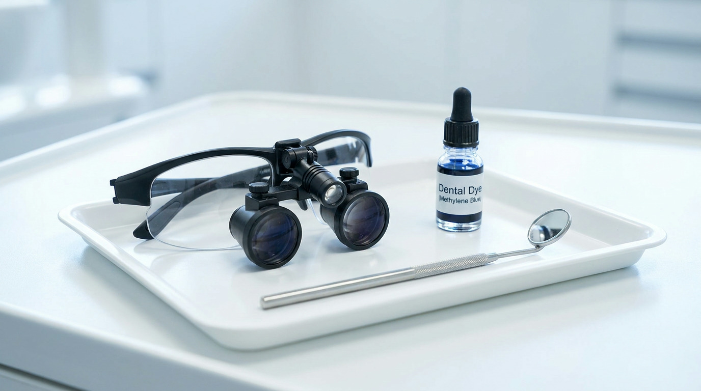 Dental loupes, a bottle of blue dental dye, and a dental mirror rest on a white tray in a bright, clinical setting.