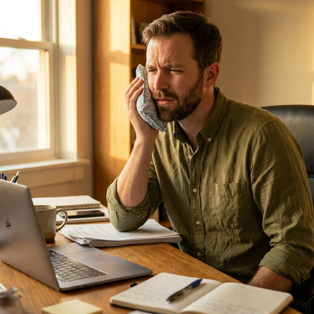 Caleb sits at a wooden desk with a laptop, papers, and an open notebook, holding a patterned ice pack to his jaw with a pained expression while wearing an olive button-down shirt.