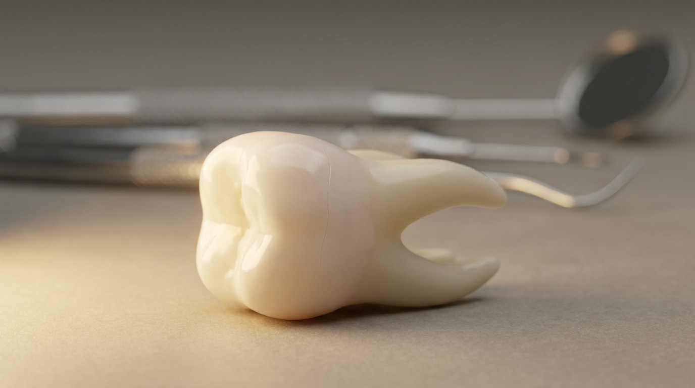 A single tooth model with a subtle crack on its surface is illuminated by warm light, with blurred dental instruments in the background.