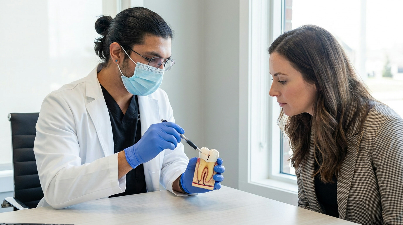 Dr. Karnik Shah, wearing a mask, glasses, white lab coat, and blue gloves, points to a crack on a tooth model while a patient in a plaid jacket listens intently at a light-colored desk.
