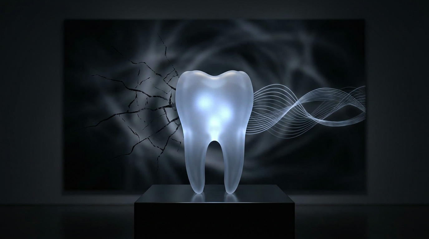 A glowing, translucent tooth stands on a dark pedestal, with fractured lines on its left and smooth wavy lines on its right, against a dark, abstract background.
