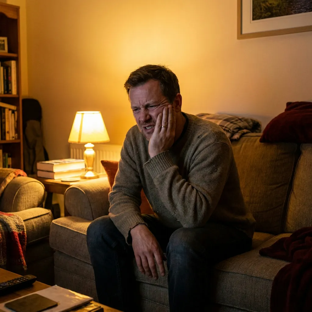Tyler sits on a couch at night, pressing his hand to his cheek with a pained expression, illuminated by a warm lamp.