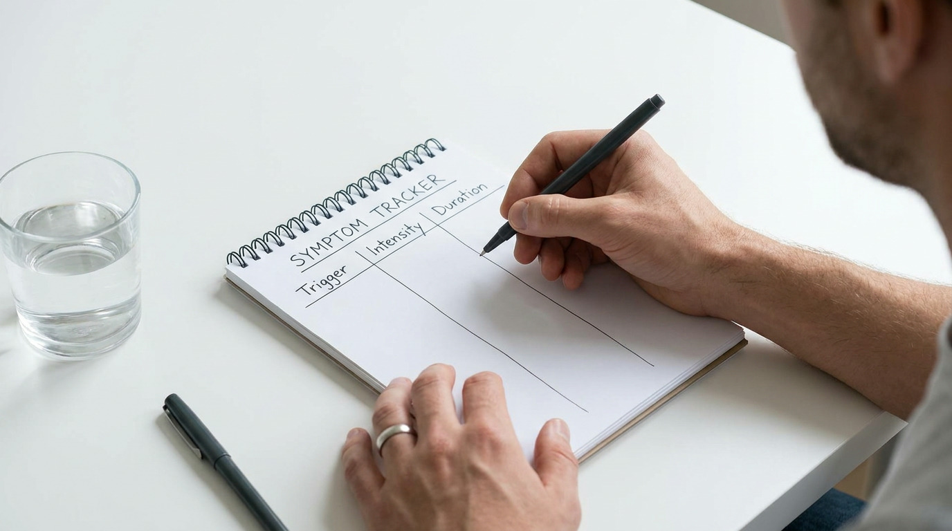 A person's hands write on a spiral-bound notepad labeled "Symptom Tracker" with columns for "Trigger," "Intensity," and "Duration," next to a glass of water and another pen on a white desk.
