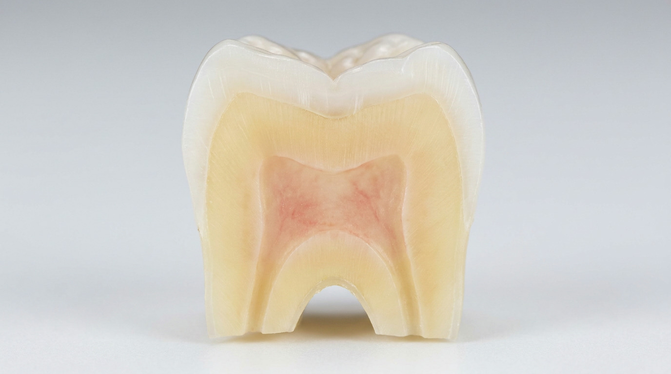 A cross-section of a tooth shows layers of white enamel, yellowish dentin, and a reddish pulp chamber, set against a light gray background.