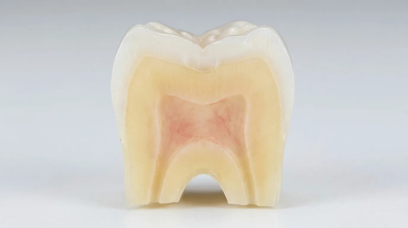 A cross-section of a tooth shows layers of white enamel, yellowish dentin, and a reddish pulp chamber, set against a light gray background.