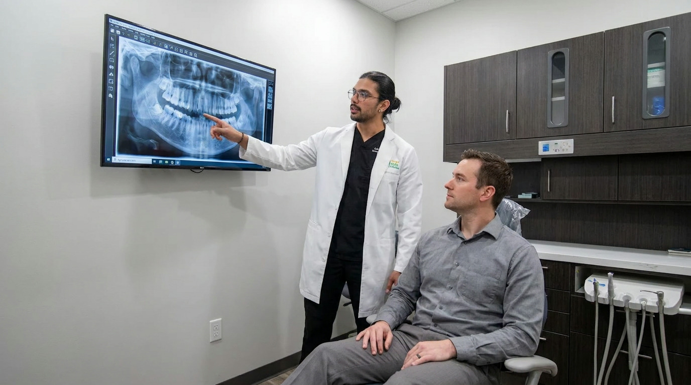 Dr. Karnik Shah, in a white lab coat, points to a dental X-ray on a wall monitor as Brian sits in a dental chair, looking toward the screen in a modern office.