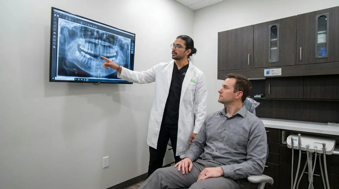 Dr. Karnik Shah, in a white lab coat, points to a dental X-ray on a wall monitor as Brian sits in a dental chair, looking toward the screen in a modern office.