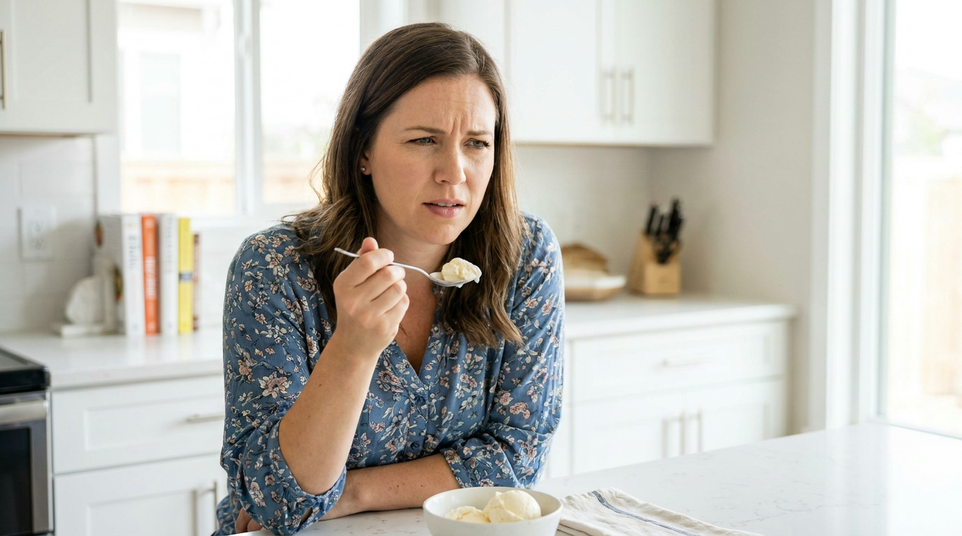 Melissa, in a blue floral blouse, sits at a kitchen island with a concerned expression, holding a spoonful of ice cream, with a bowl of ice cream and a napkin on the counter.