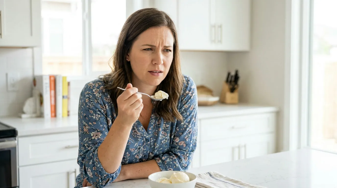 Melissa, in a blue floral blouse, sits at a kitchen island with a concerned expression, holding a spoonful of ice cream, with a bowl of ice cream and a napkin on the counter.