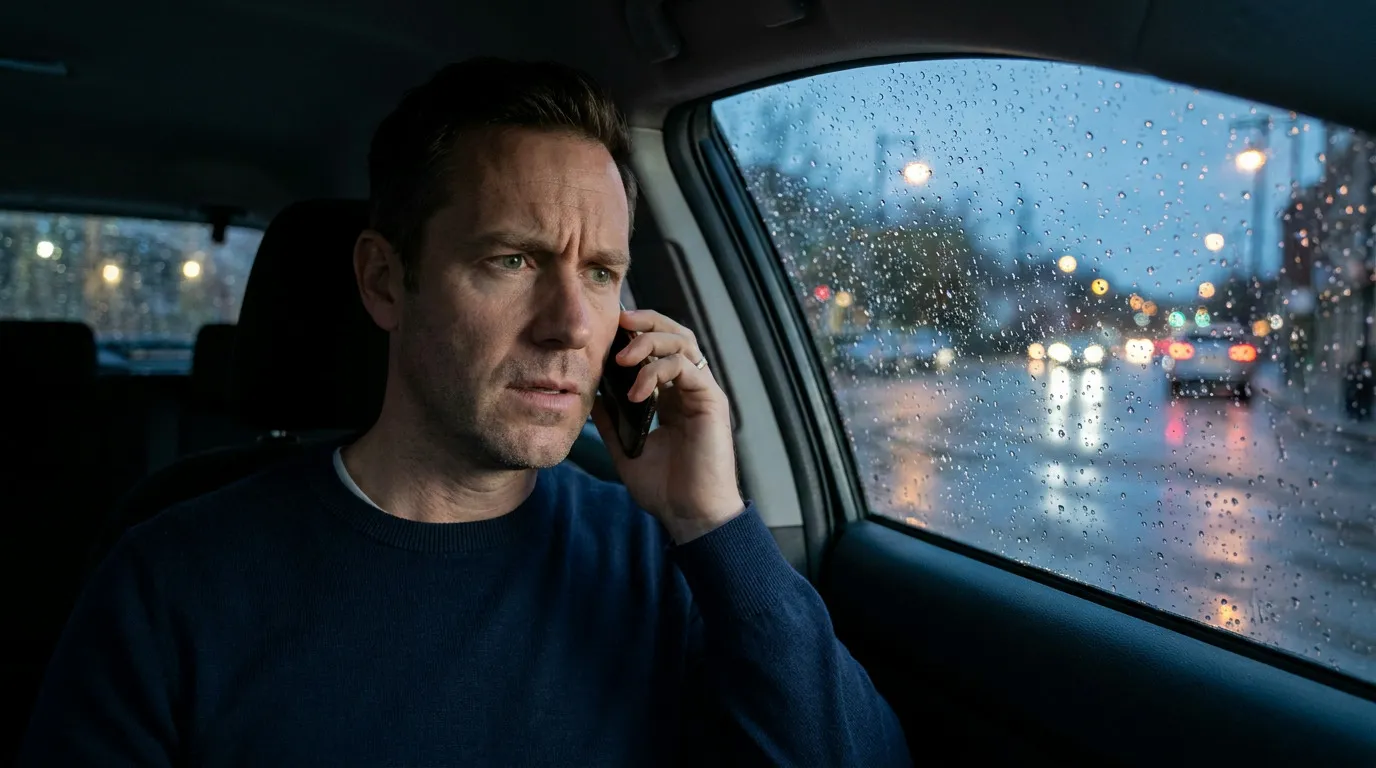 Mason sits in a car, wearing a navy sweater, holding a phone to his ear with a concerned expression, looking out a rainy window at blurred streetlights and traffic at dusk.