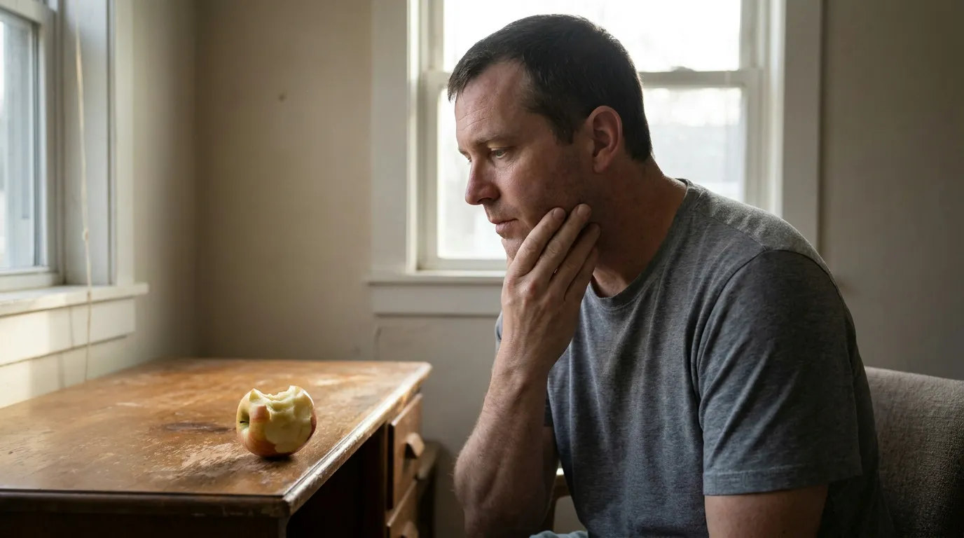 Steven, wearing a grey t-shirt, sits by a window with soft light, gently touching his jawline while looking thoughtfully at a half-eaten apple on a wooden desk.
